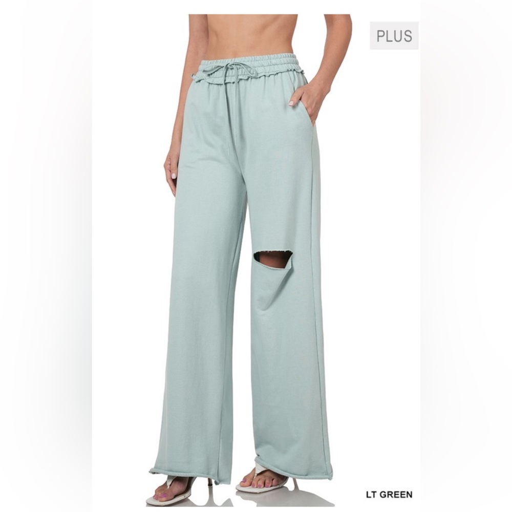 NWT! Plus Light Green French Terry Laser Cut Drawstring Pockets Wide-Leg Pants